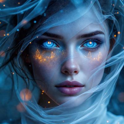 The primary subject of the image is a woman with blue eyes and a flowing veil. She is wearing a white dress and has a glowing, ethereal appearance. The setting is a dark, blue background that contrasts with the woman's glowing eyes. The visual style is a digital art or illustration, creating a surreal and dreamy atmosphere. The colors and mood are predominantly dark and mysterious, with the woman's blue eyes and the flowing veil adding a touch of magic and enchantment to the scene.